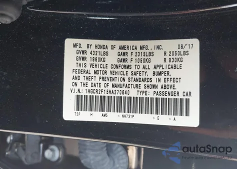 2017 Honda Accord Sport Se from USA, damaged, VIN 1HGCR2F15HA270640